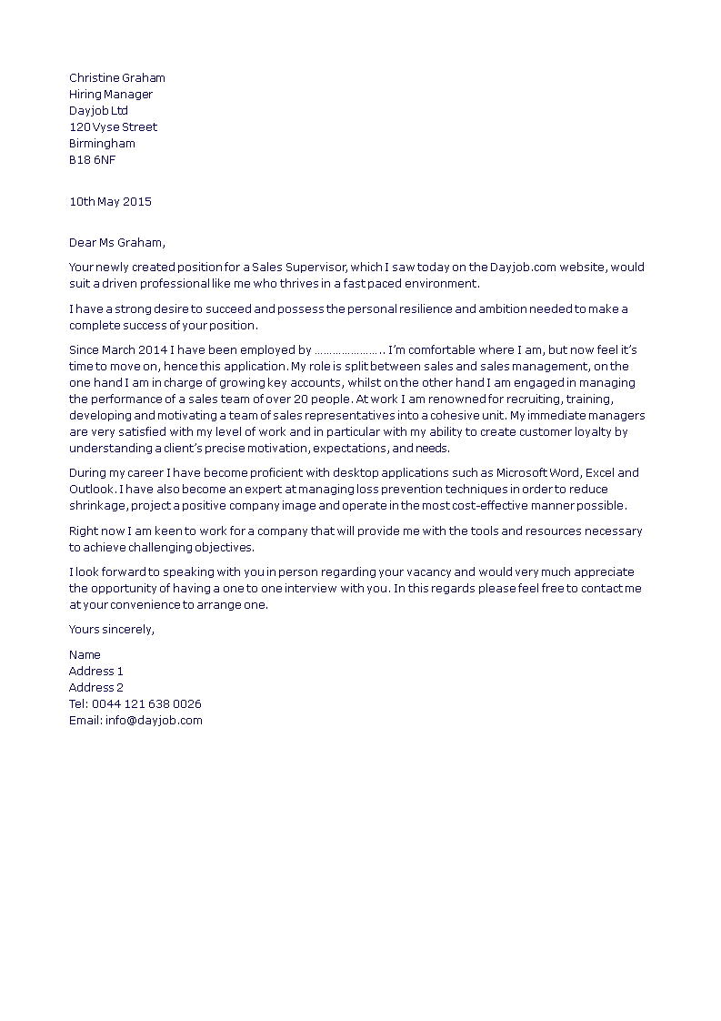 sales supervisor job application letter modèles