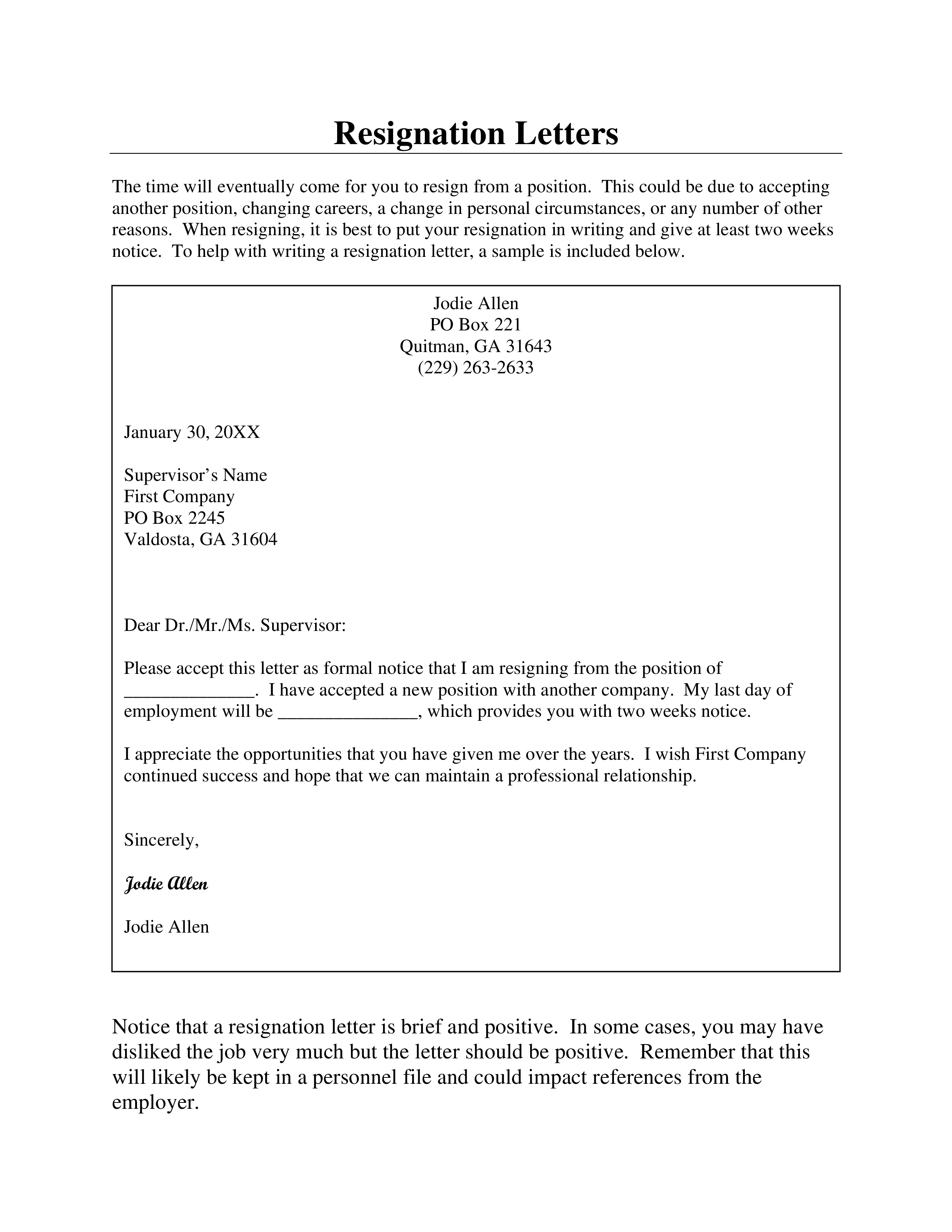 basic resignation letter with two weeks notice template