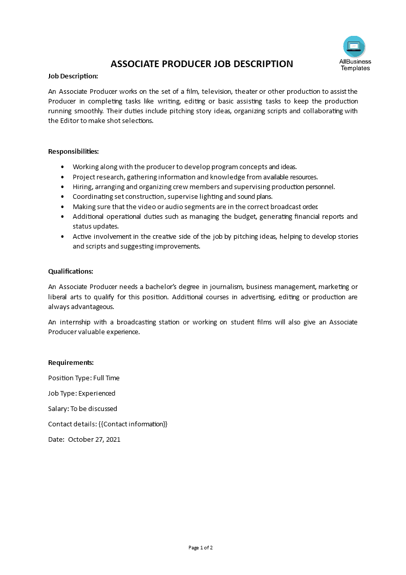 associate producer job description template