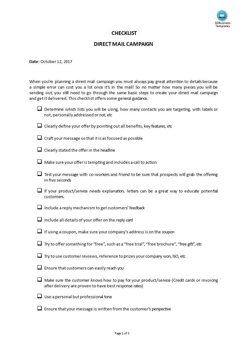 checklist direct mail campaign template