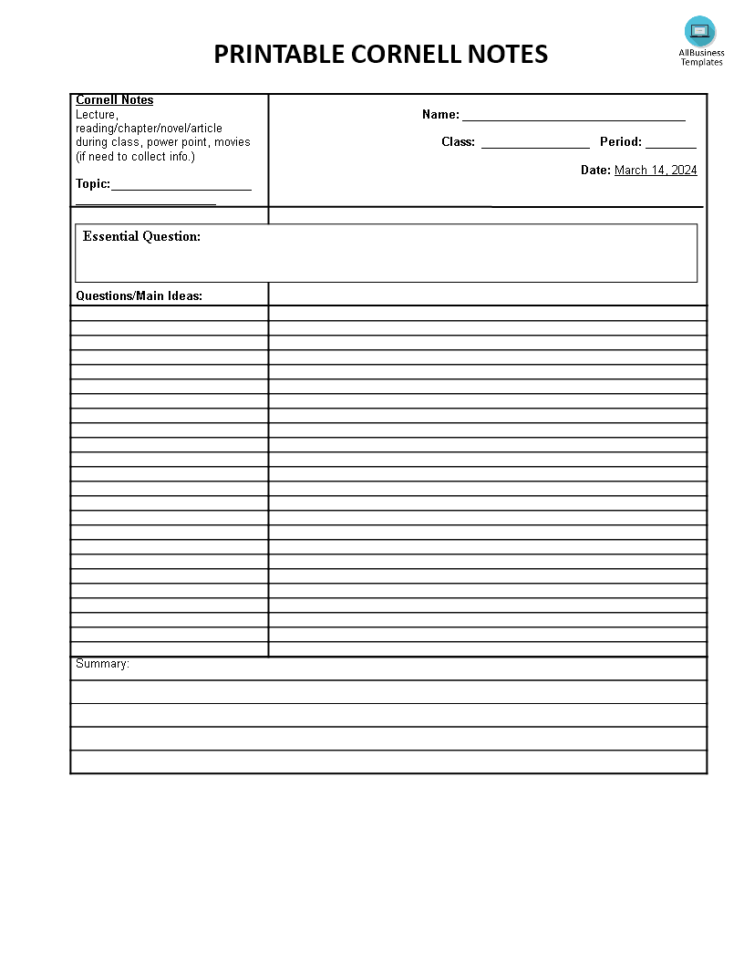 Kostenloses Printable Cornell Notes Intended For Lecture Note Template