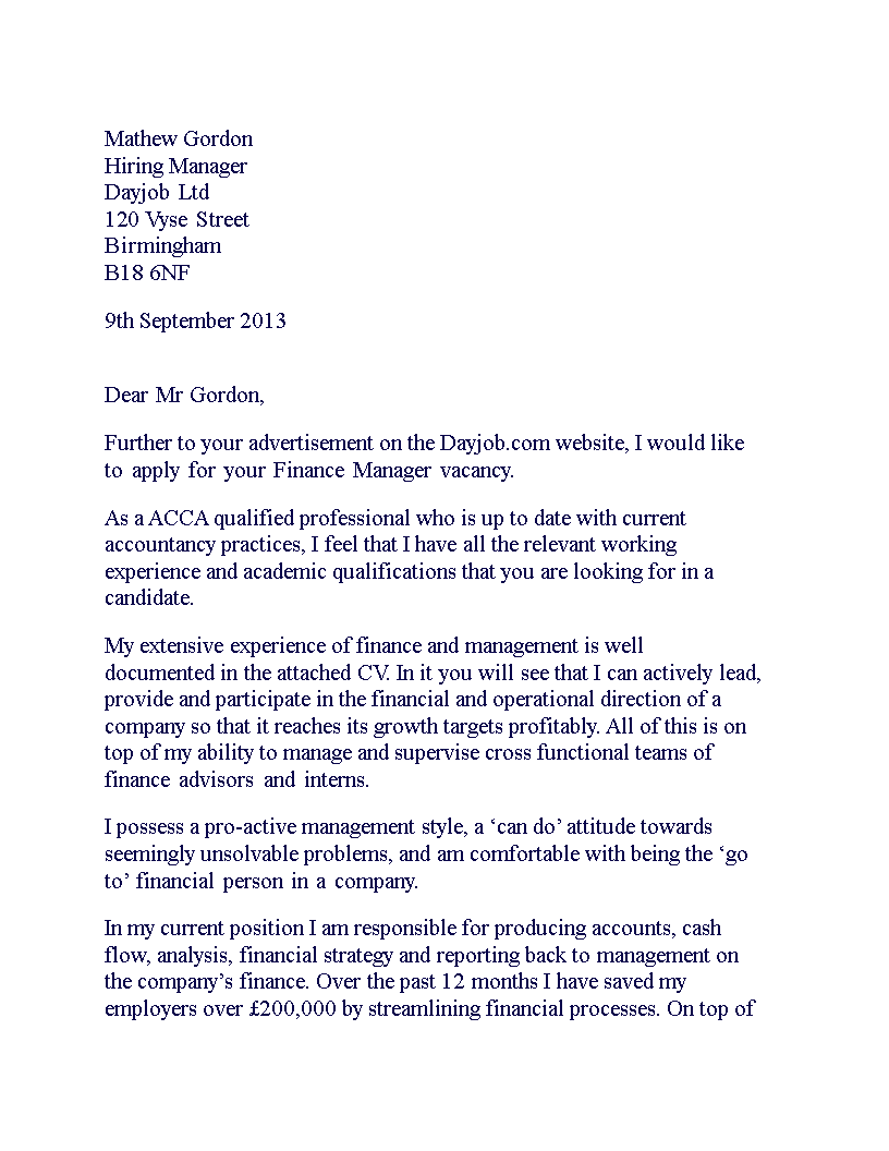 cover letter for financial work