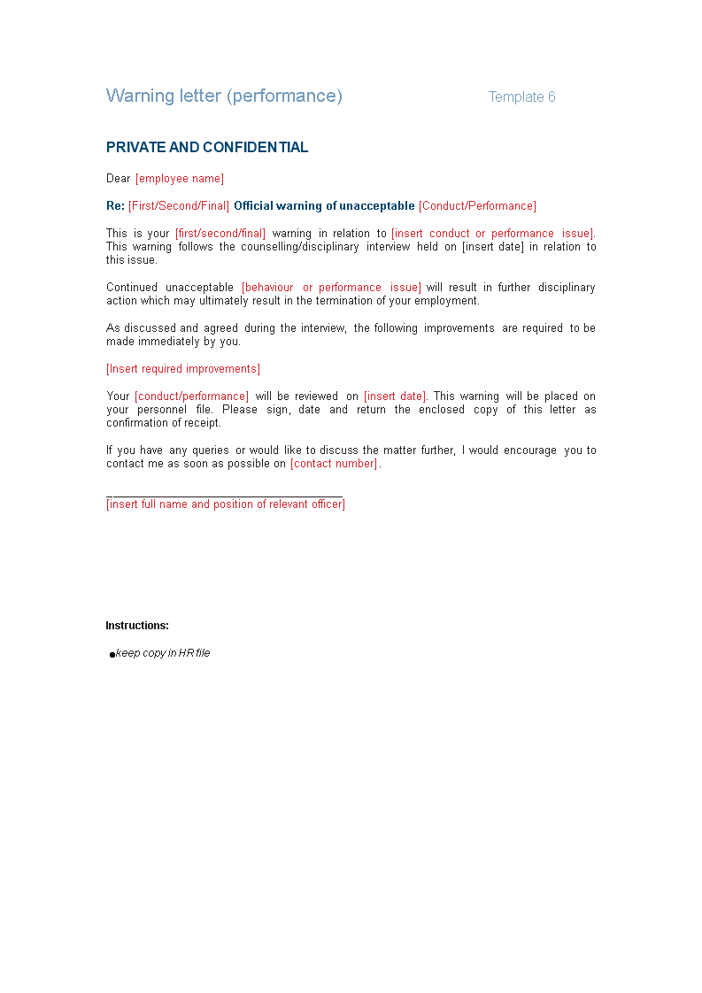 employee warning letter due to unacceptable conduct plantilla imagen principal