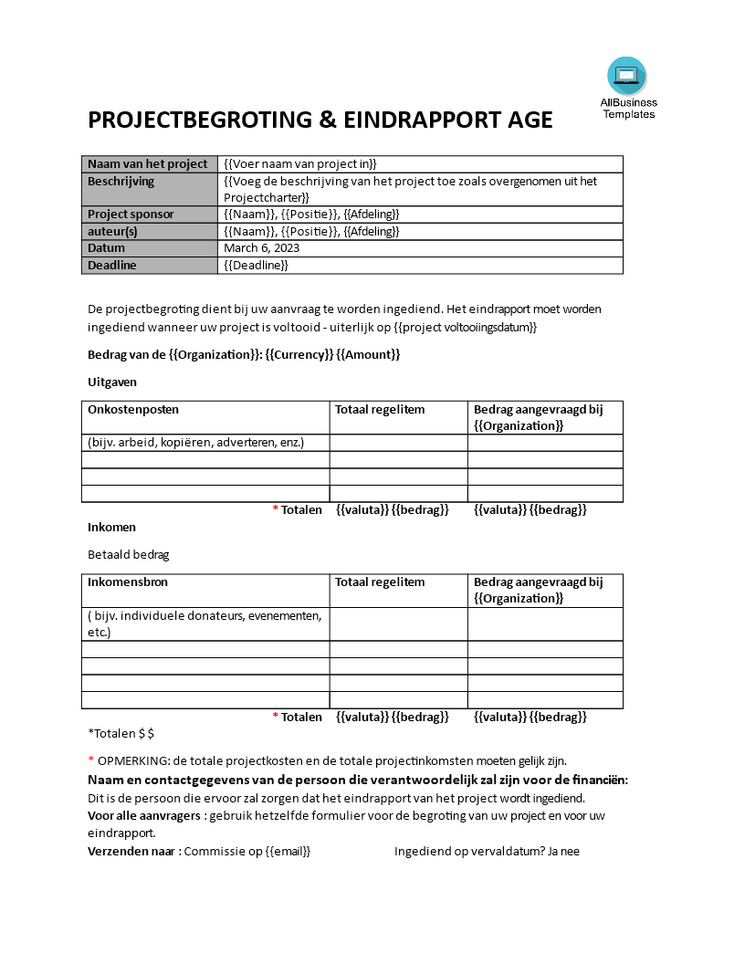 projectbegroting en eindrapportage voorbeeld afbeelding 