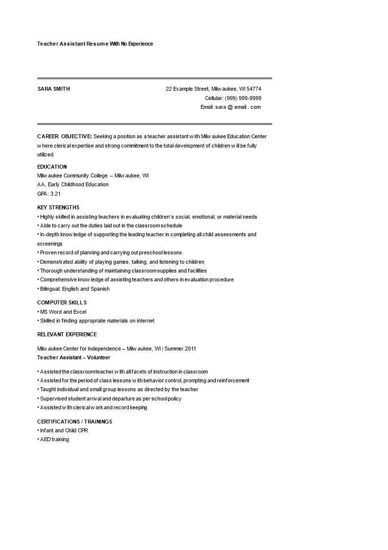 teacher assistant resume with no experience template voorbeeld afbeelding 