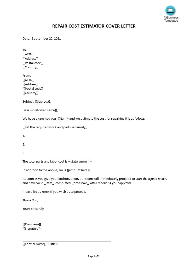 repair cost cover letter template