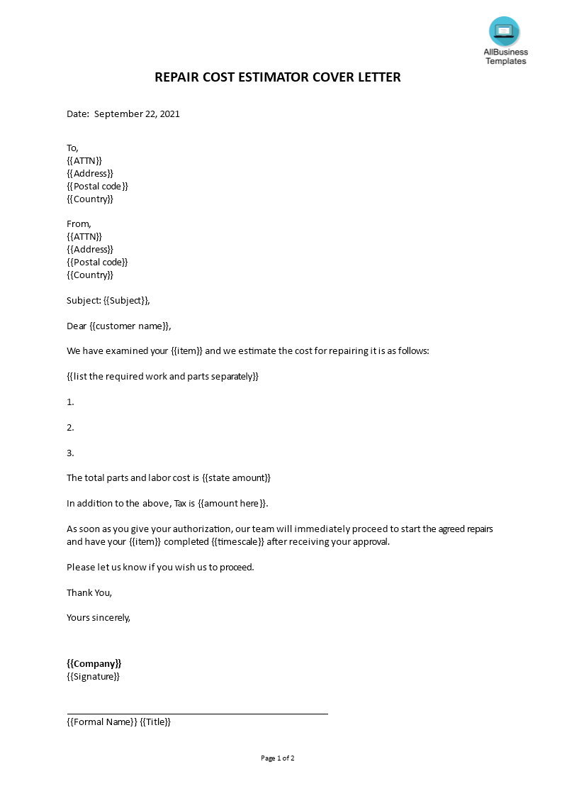 repair cost cover letter voorbeeld afbeelding 