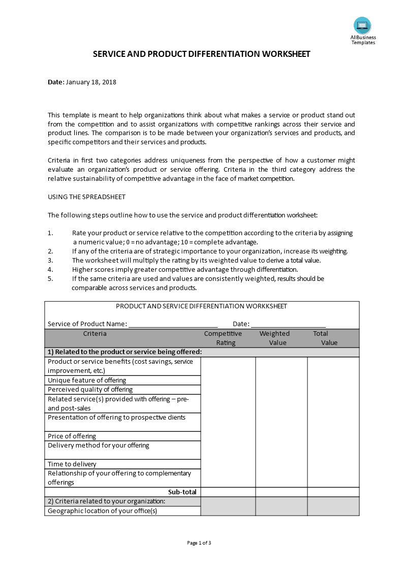 products differentiation worksheet template