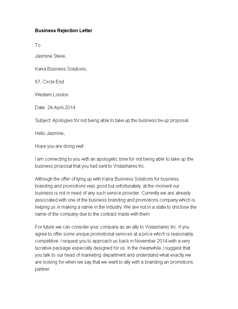 business service rejection letter template template