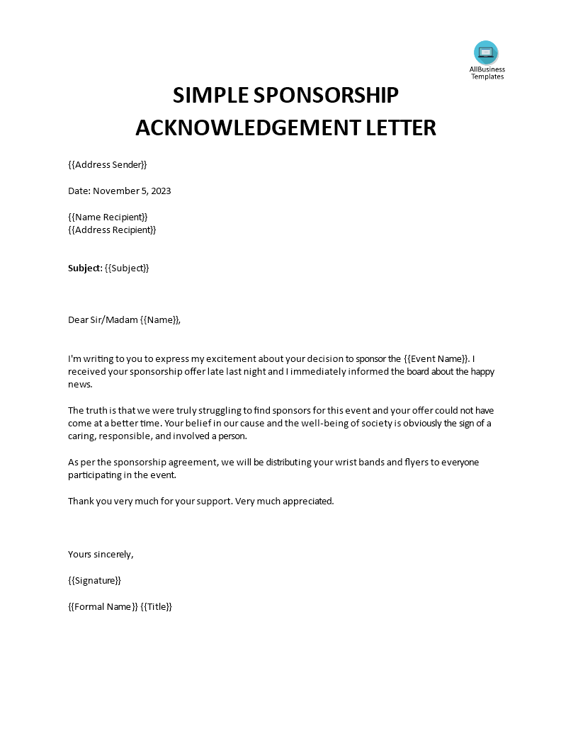Kostenloses Sponsorship Confirmation Letter In corporate sponsorship agreement template