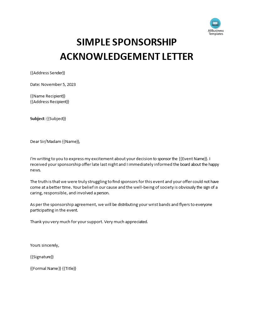 Kostenloses Sponsorship Confirmation Letter