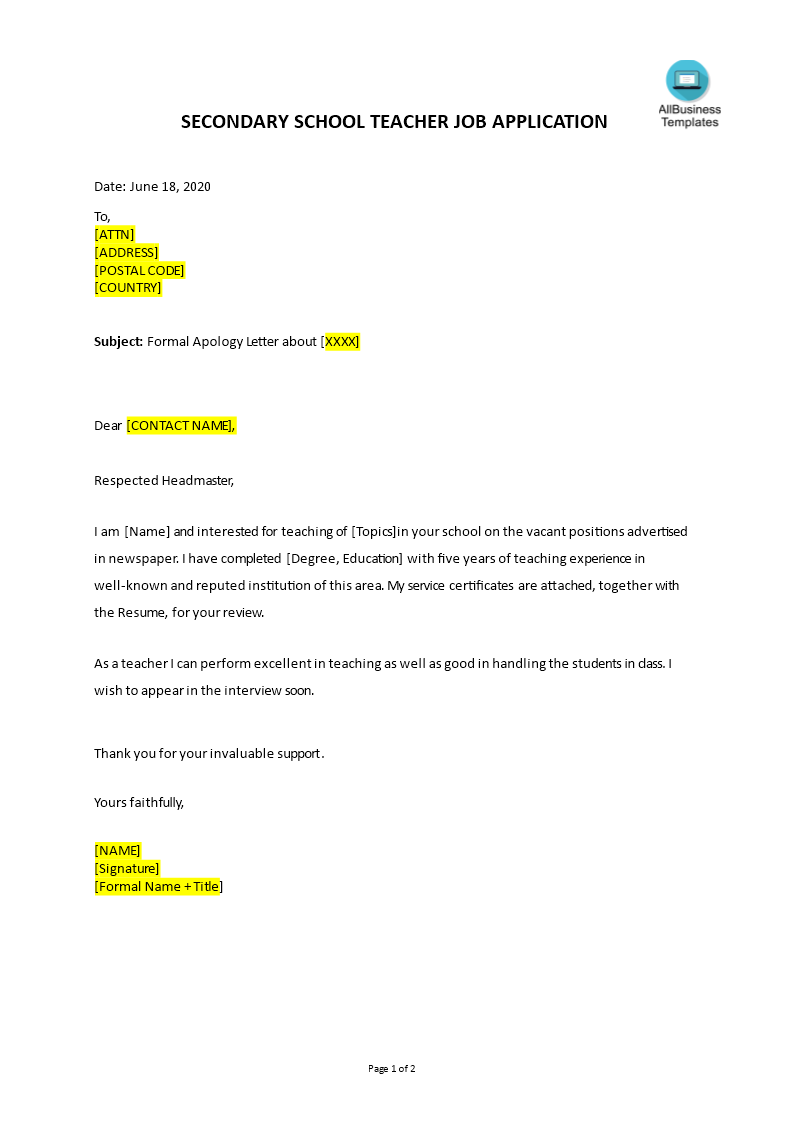 simple application letter for a teaching job