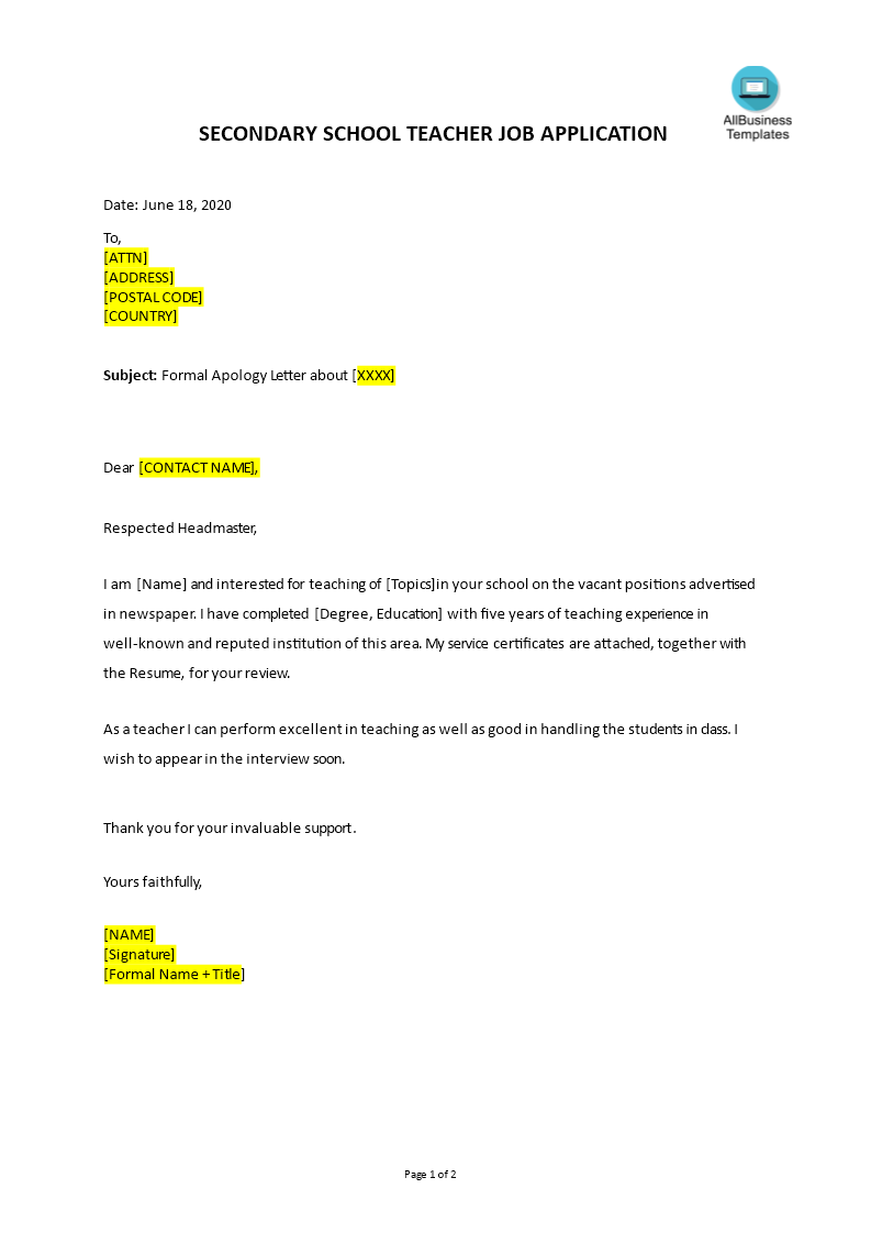 sample application letter for teacher pdf