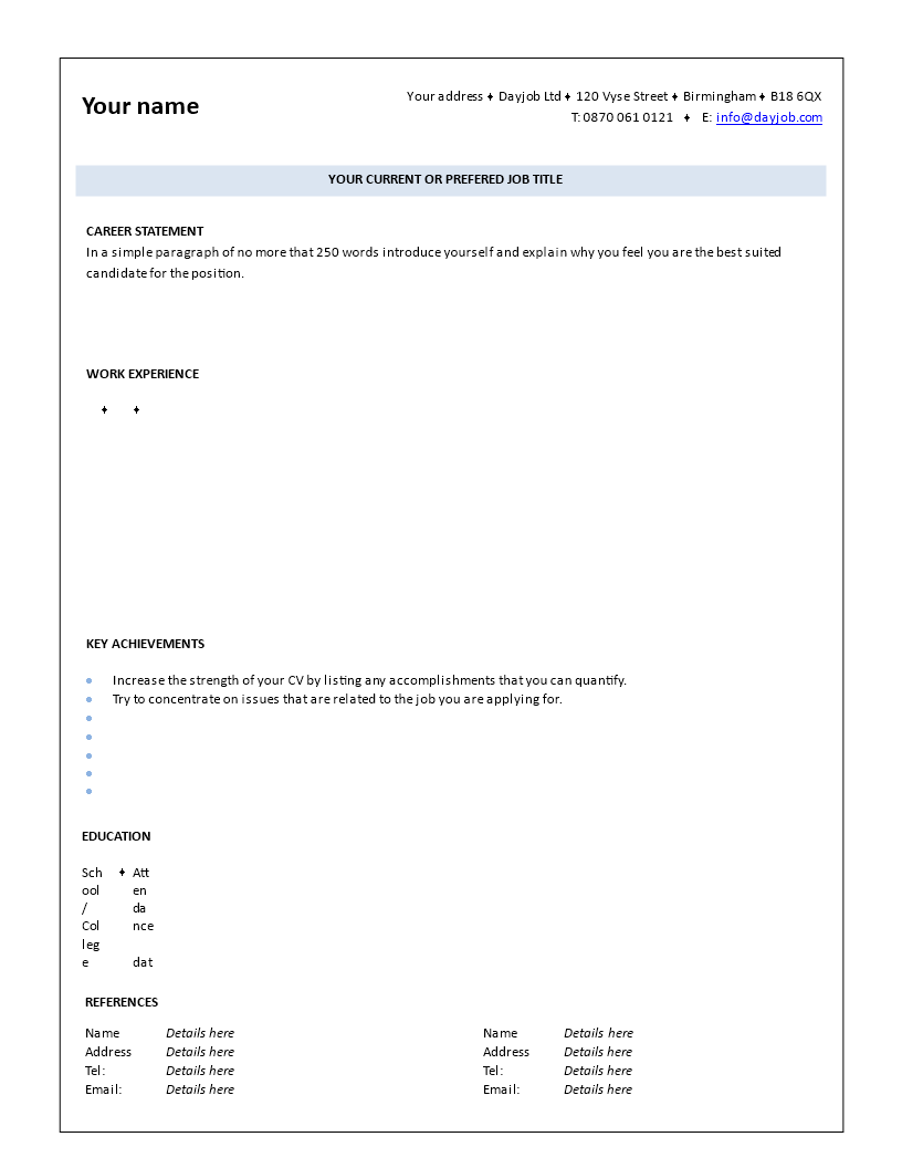 1 page blank resume modèles