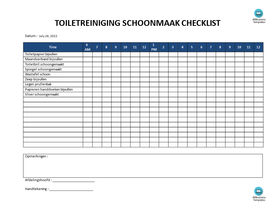 toilet schoonmaak checklist template