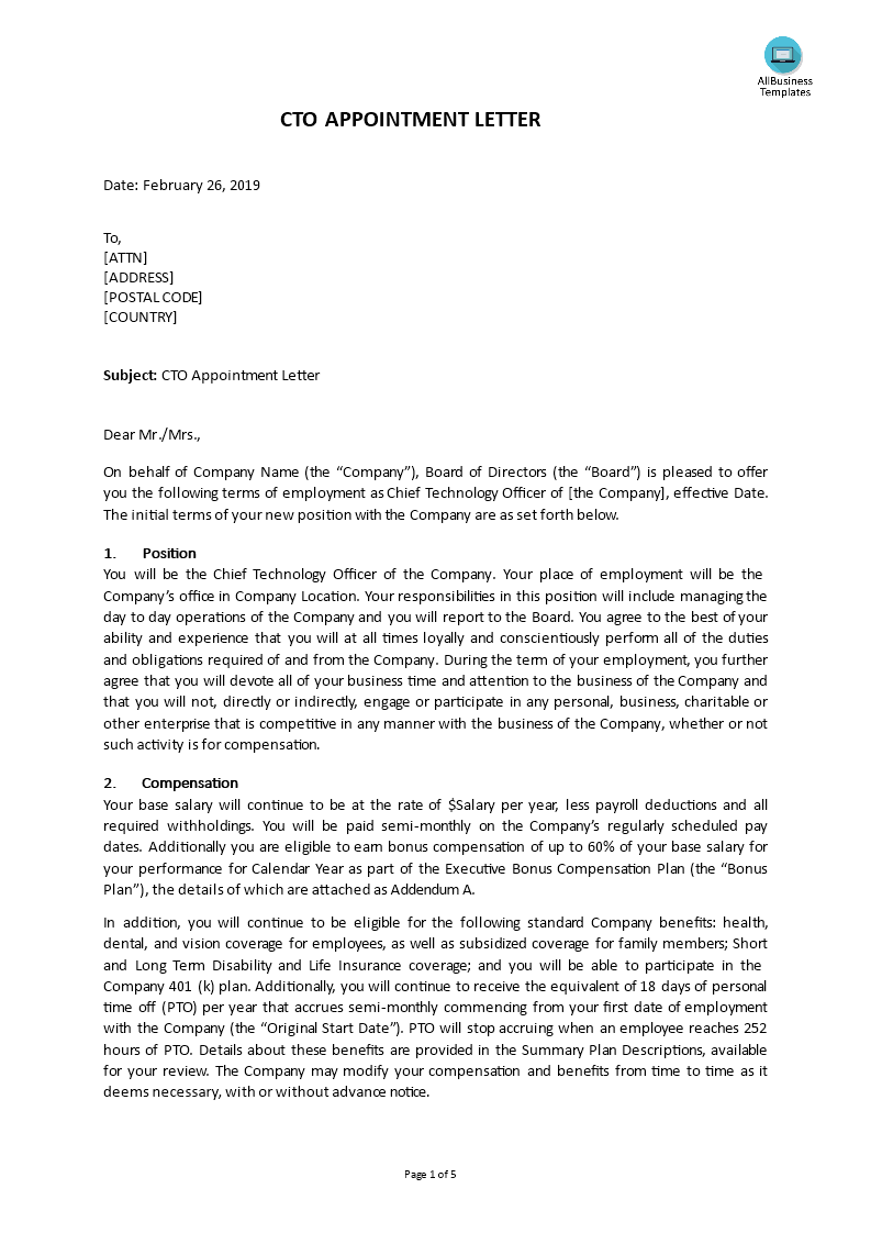 chief technical officer appointment letter modèles