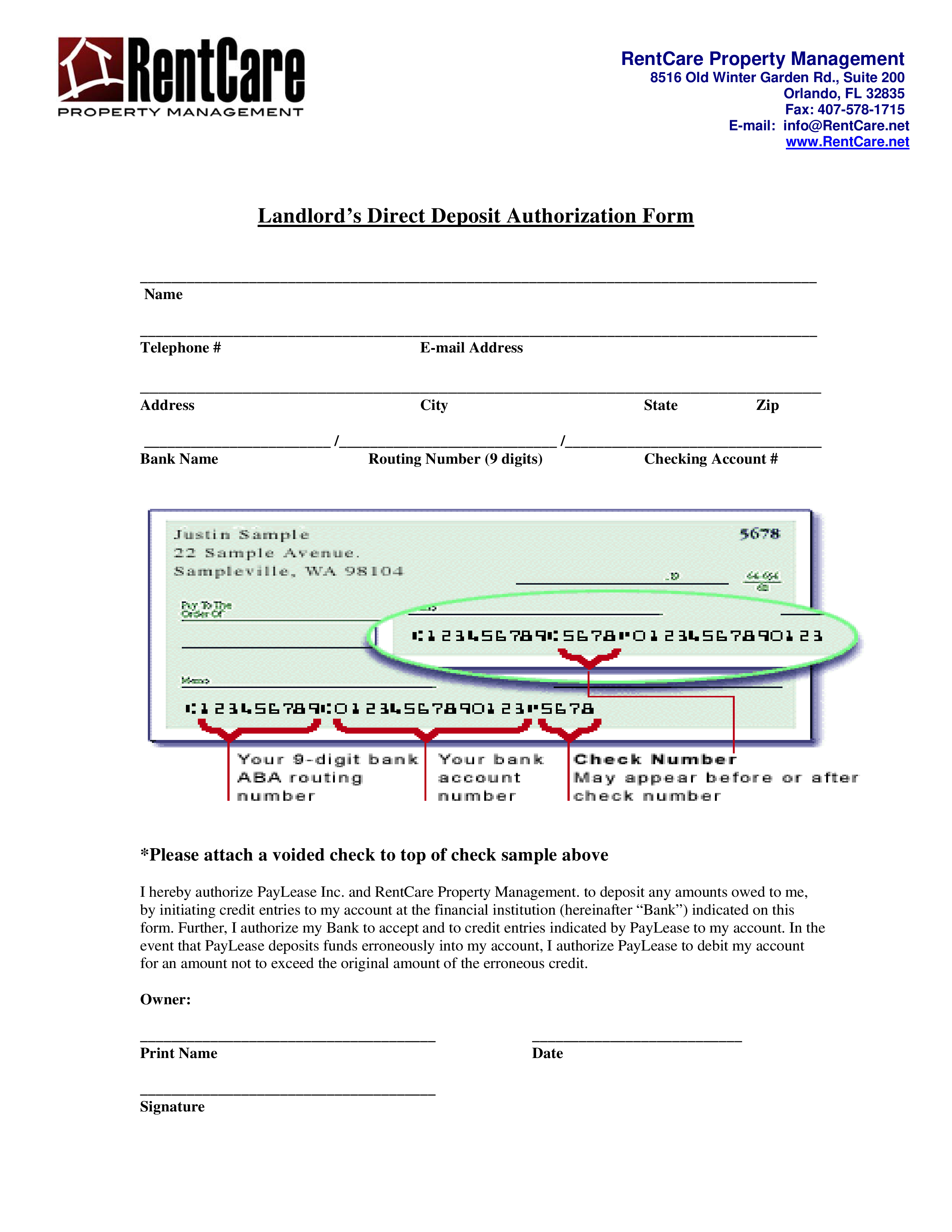 Landlord Direct Deposit Form main image