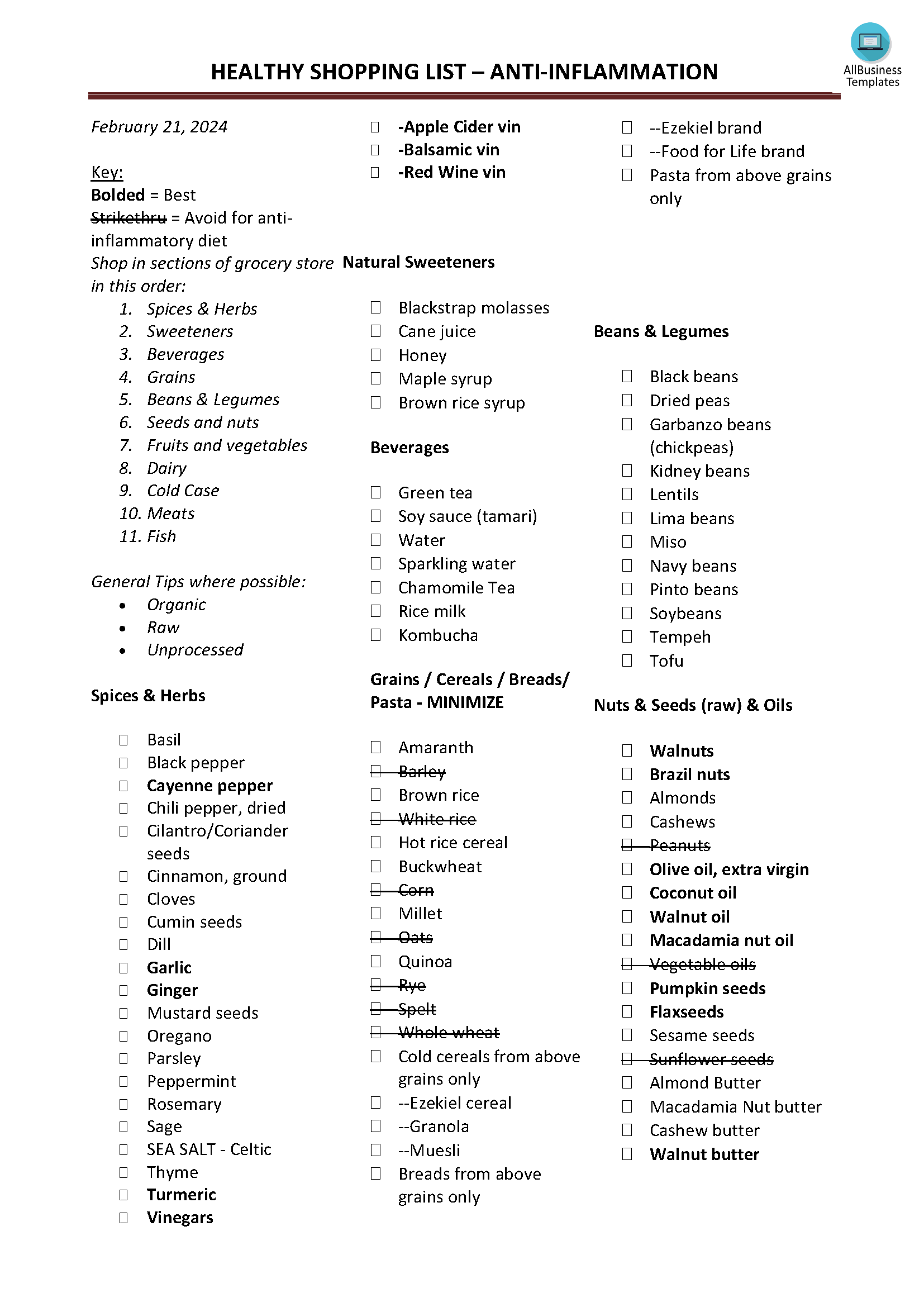 healthy food shopping list template