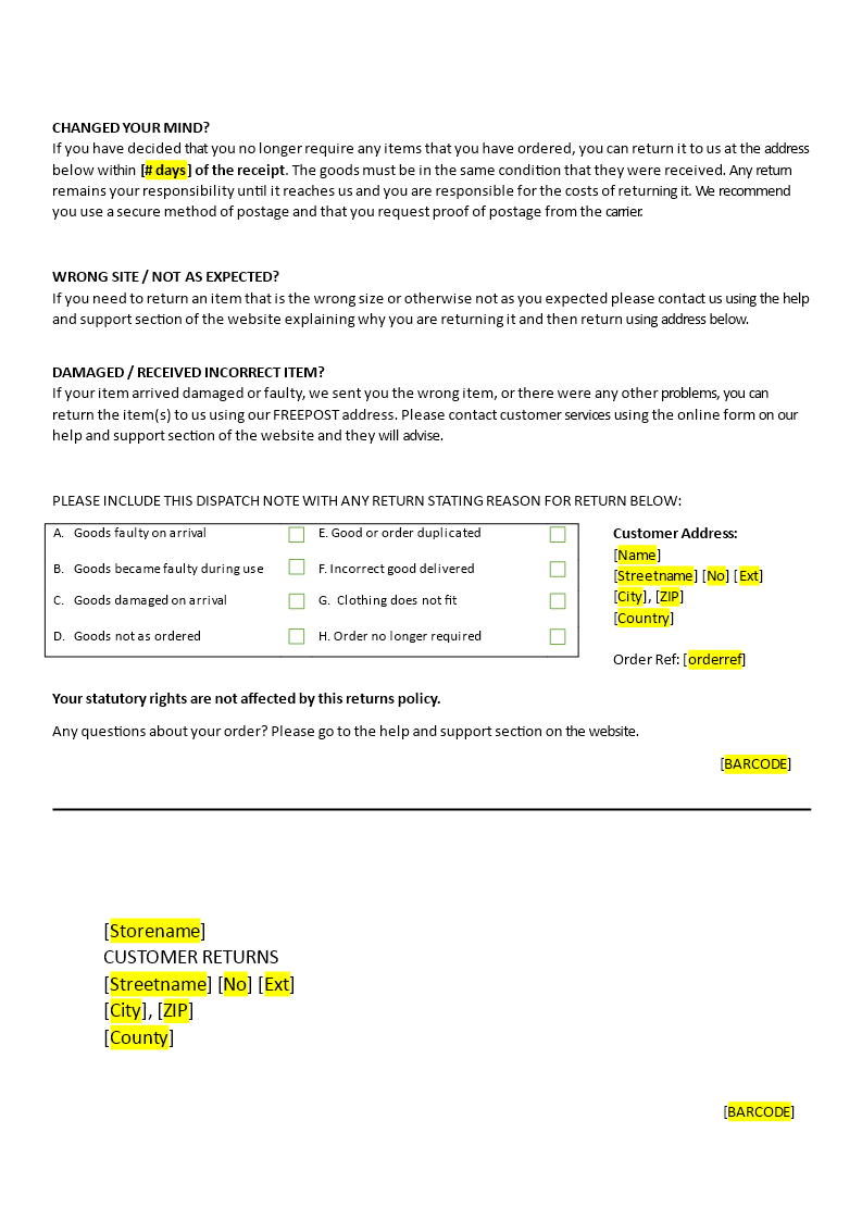 return of goods form template