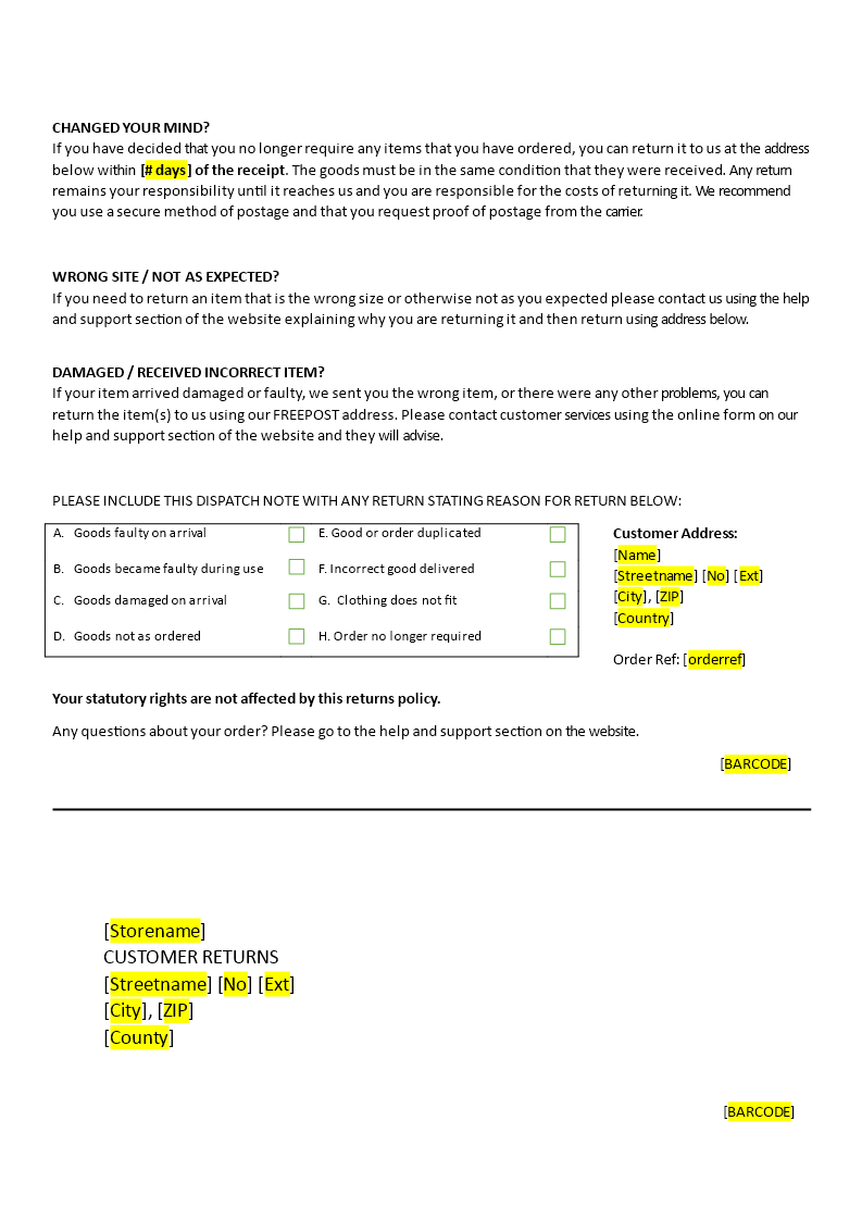 return of goods form modèles