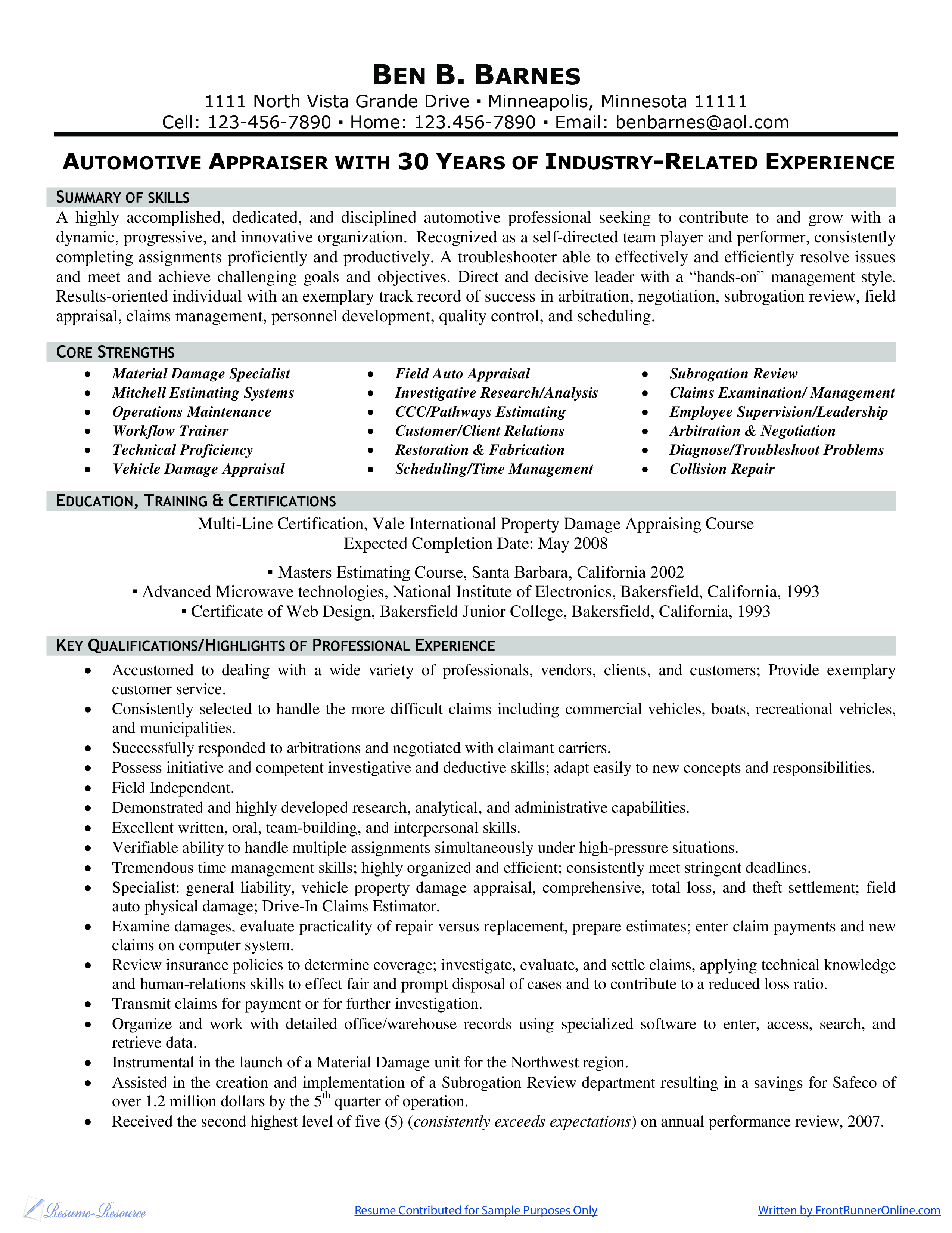 automotive appraiser & adjuster resume voorbeeld afbeelding 