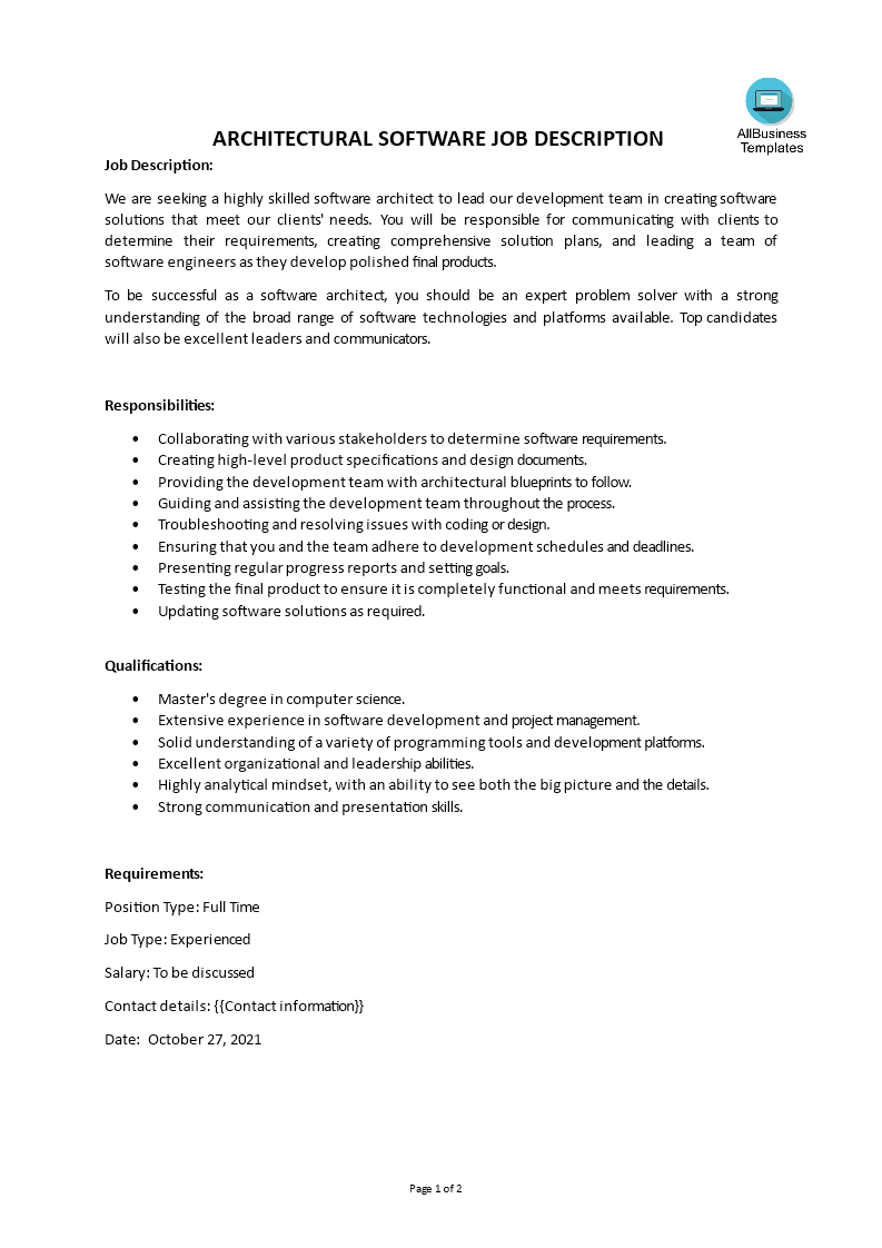 Architectural Software Job Description 模板