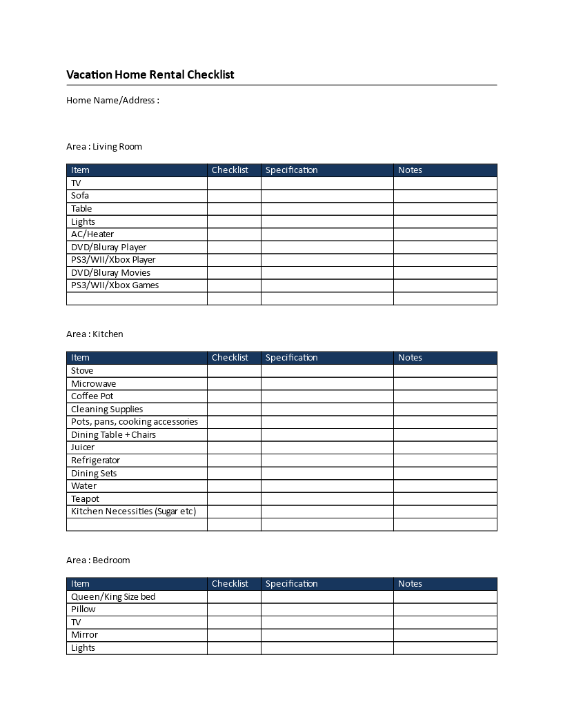 Vacation Home Rental Checklist Templates at