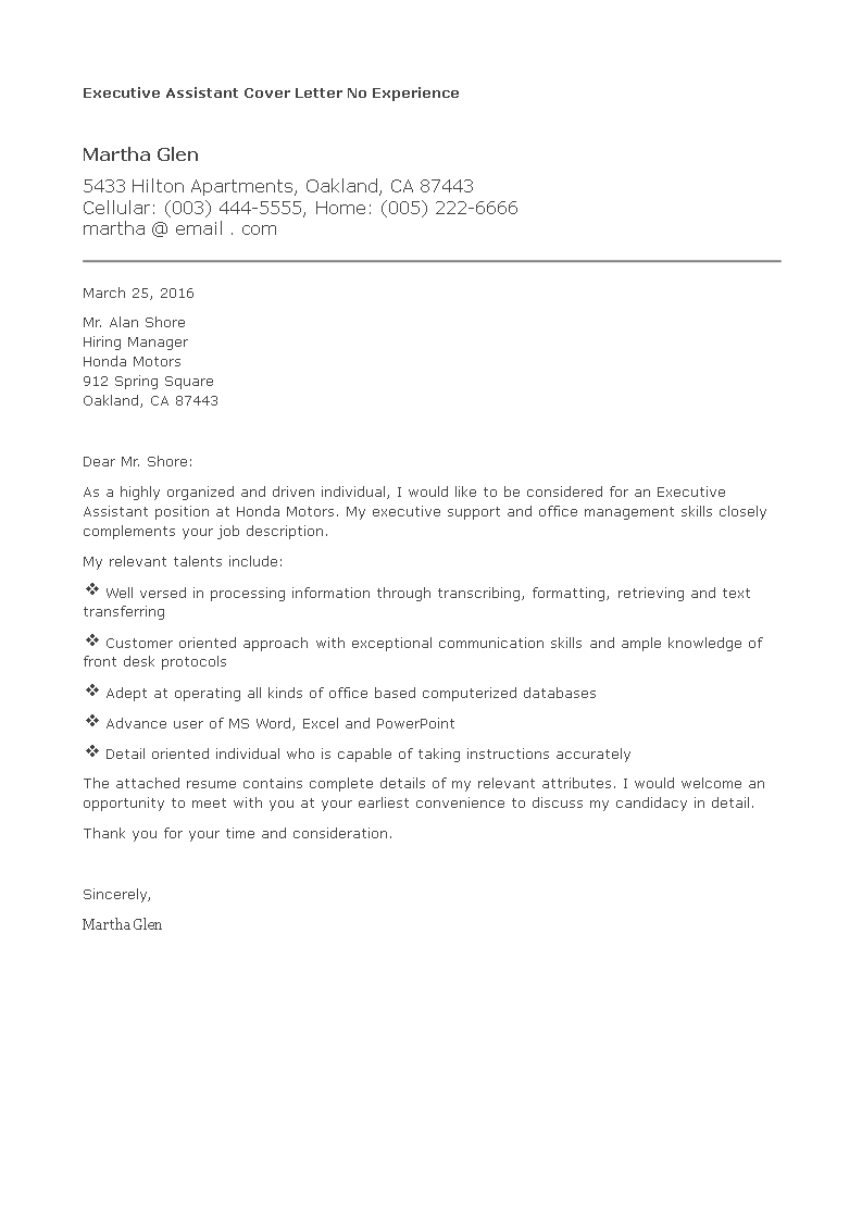 executive assistant cover letter no experience template