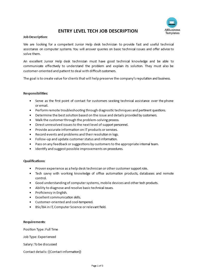 entry level tech job description template