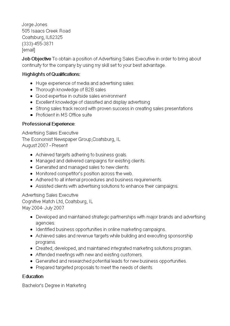 advertising sales executive resume modèles