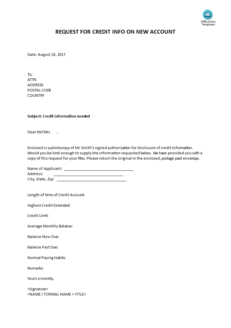 request for credit info on new account template