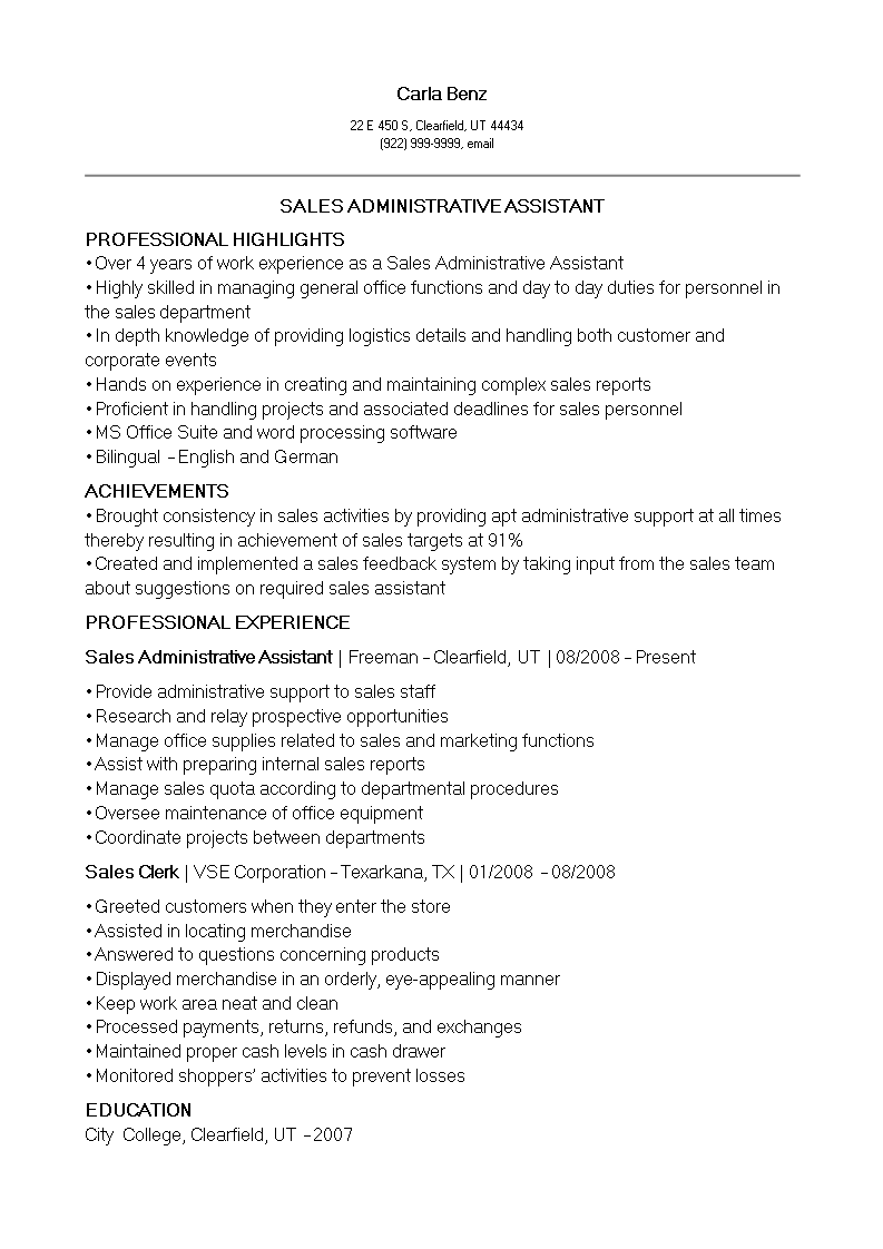 Sales Administrative Assistant Resume main image