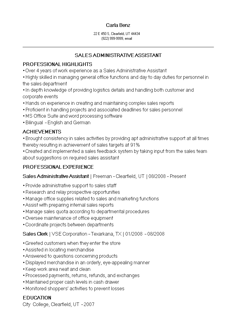 sales administrative assistant resume Hauptschablonenbild