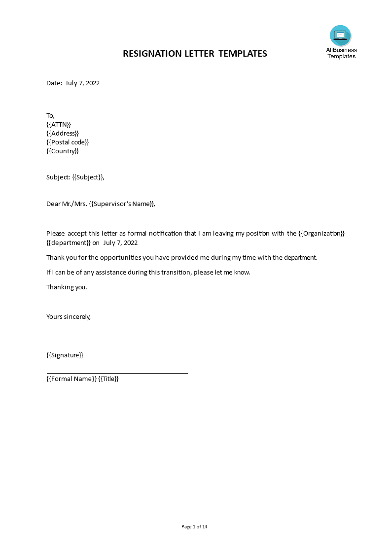 Kostenloses Formal Resignation Letter Format