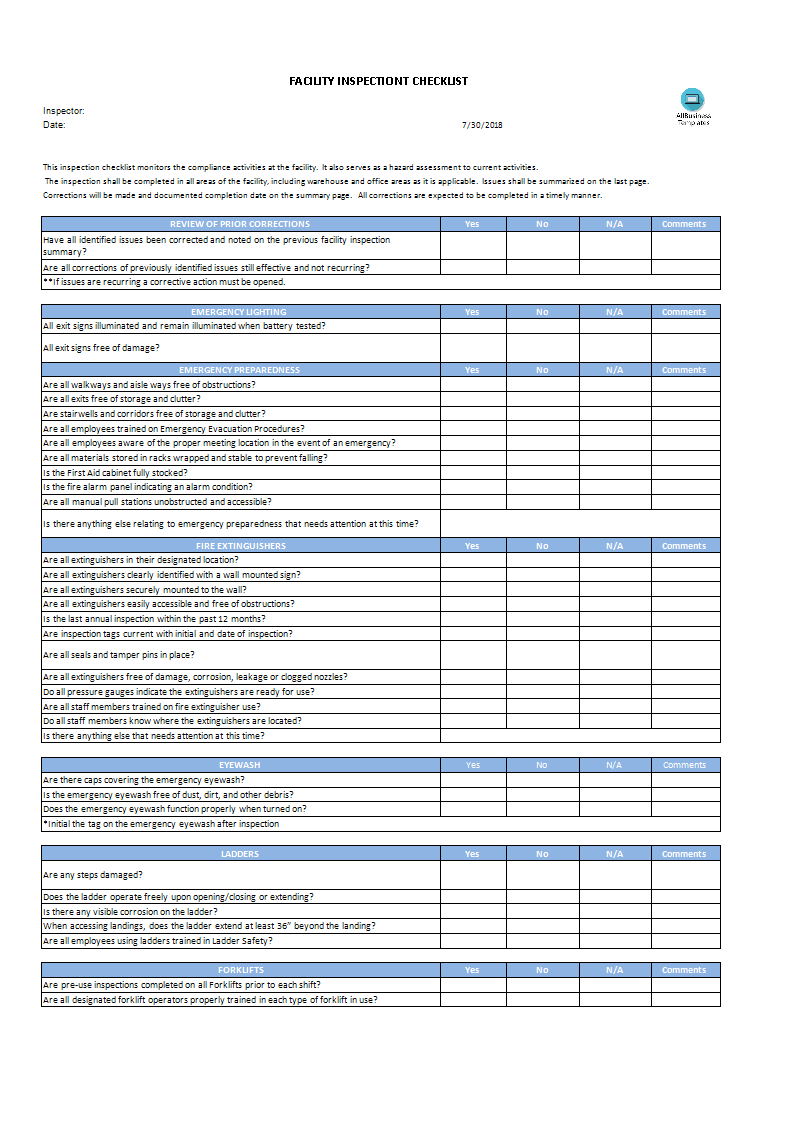 Facility Inspection Checklist Templates At Allbusinesstemplates Com