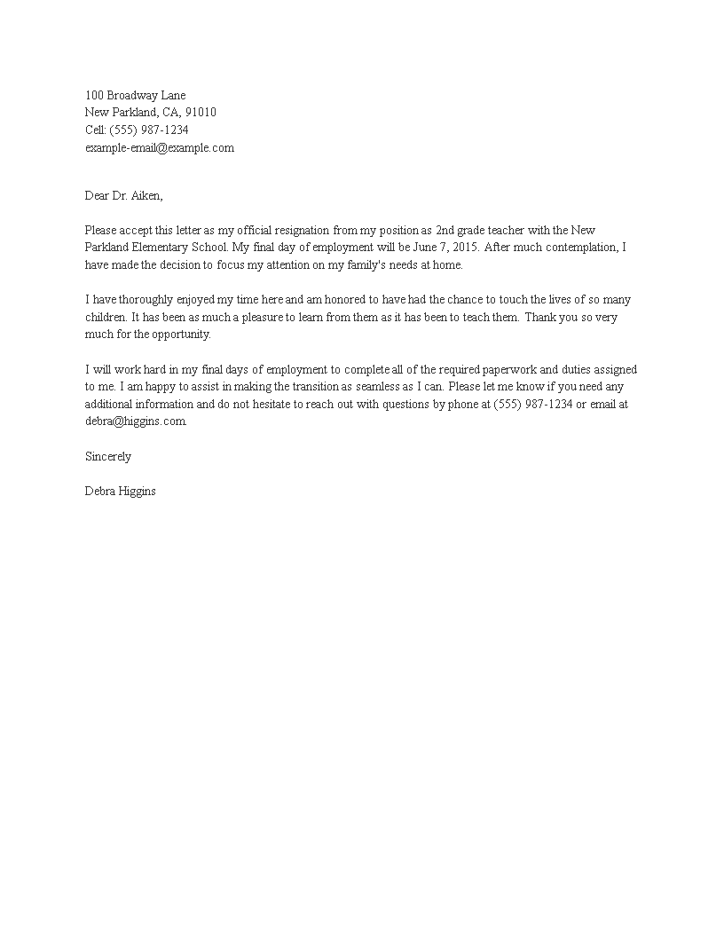 Basic Teacher Resignation Letter main image