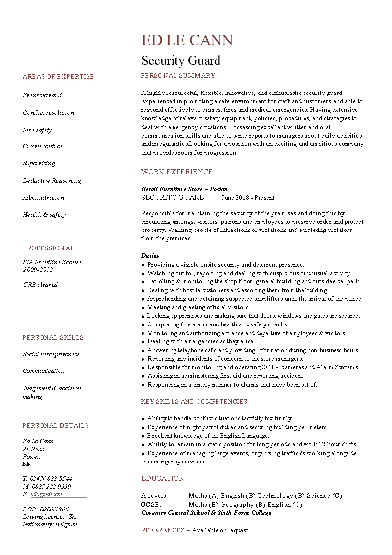 Experienced Security Guard CV main image