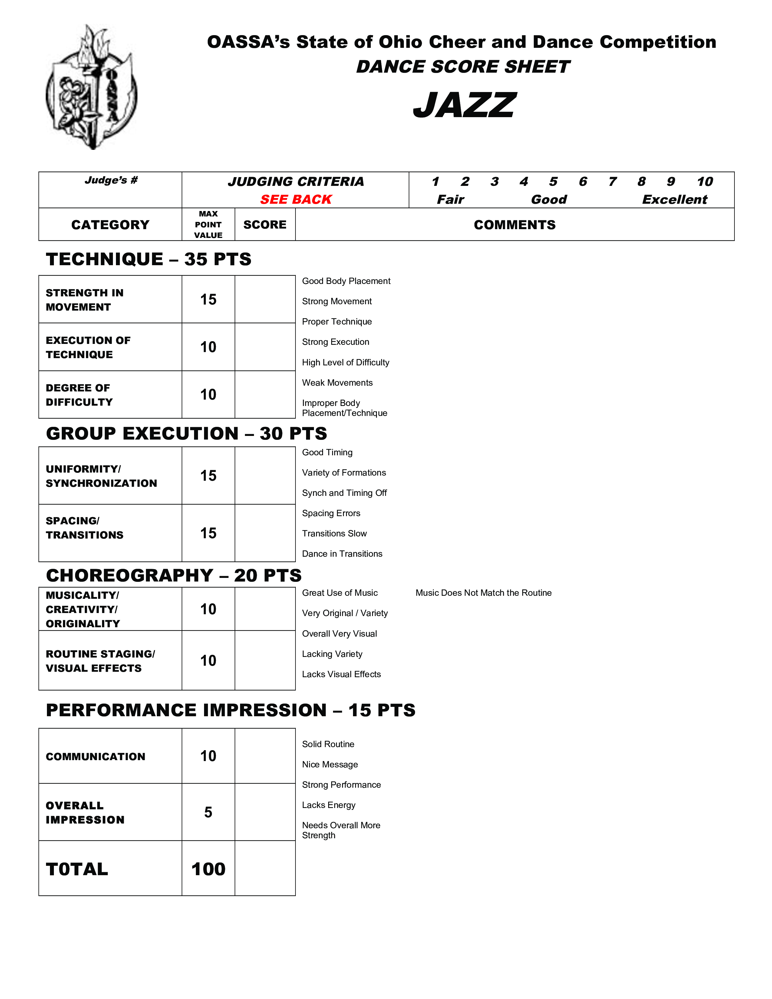 Printable Judges Score Sheet Template