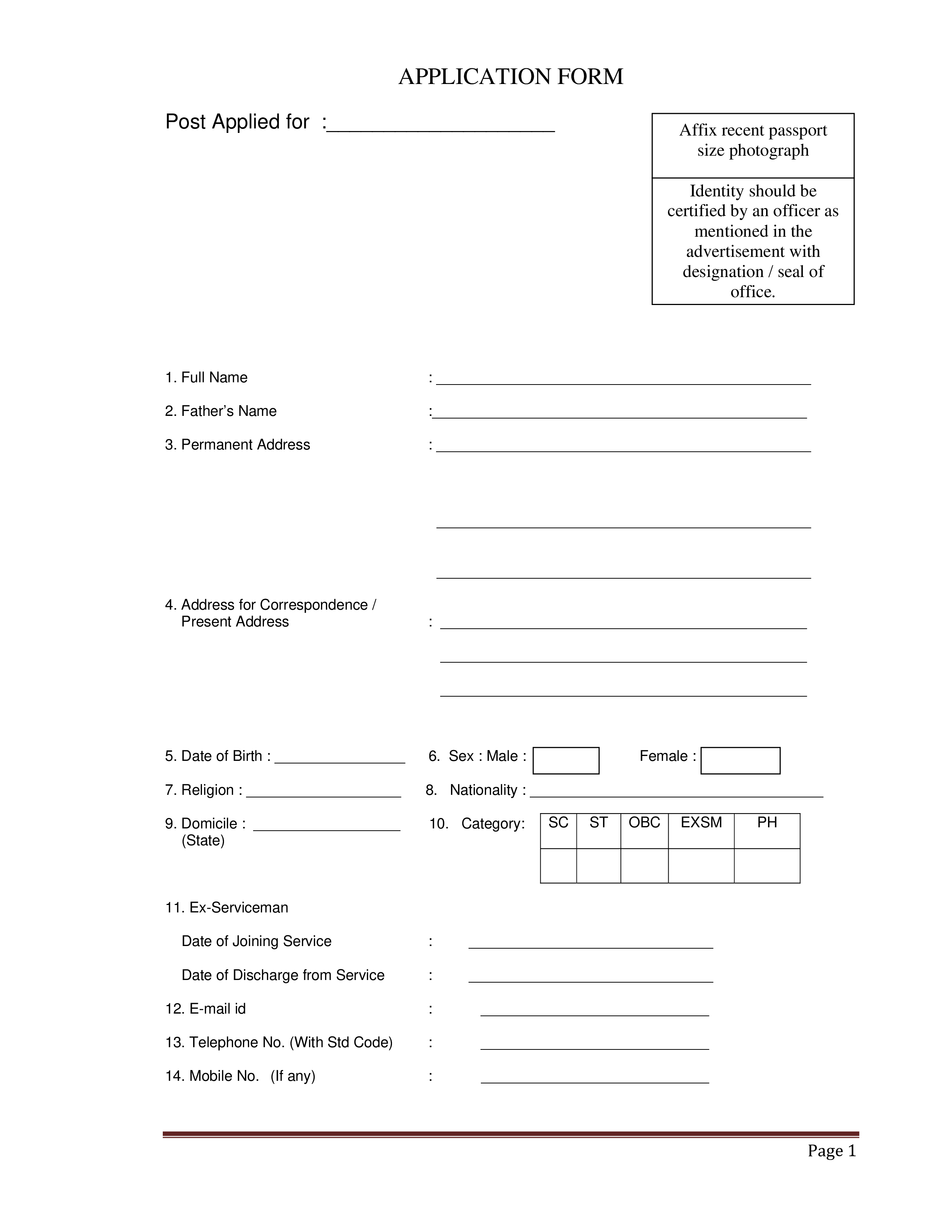 standard job application form template template