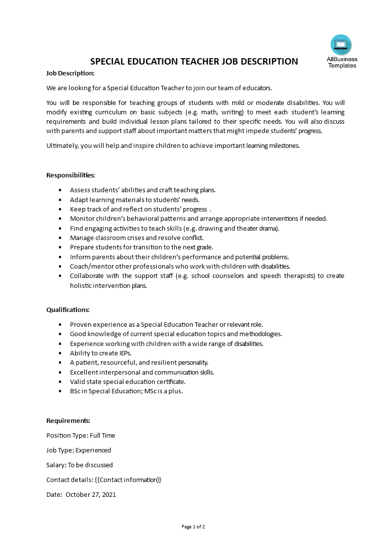 special education teacher job description template