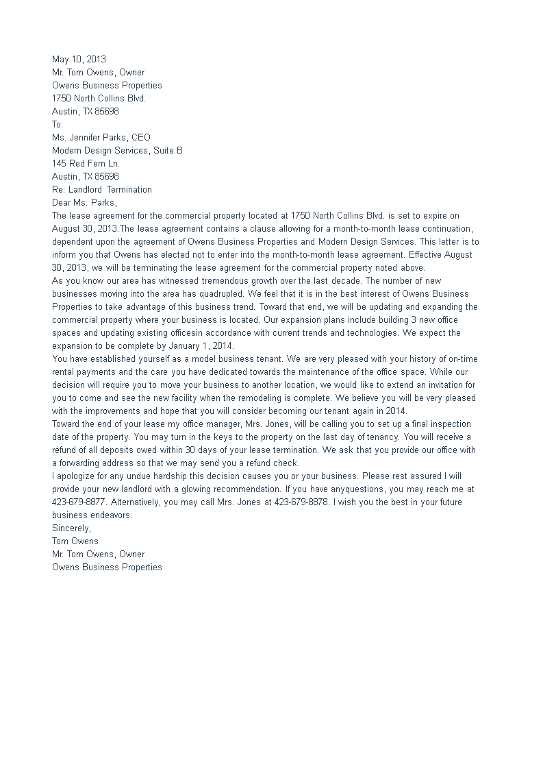 landlord termination letter template