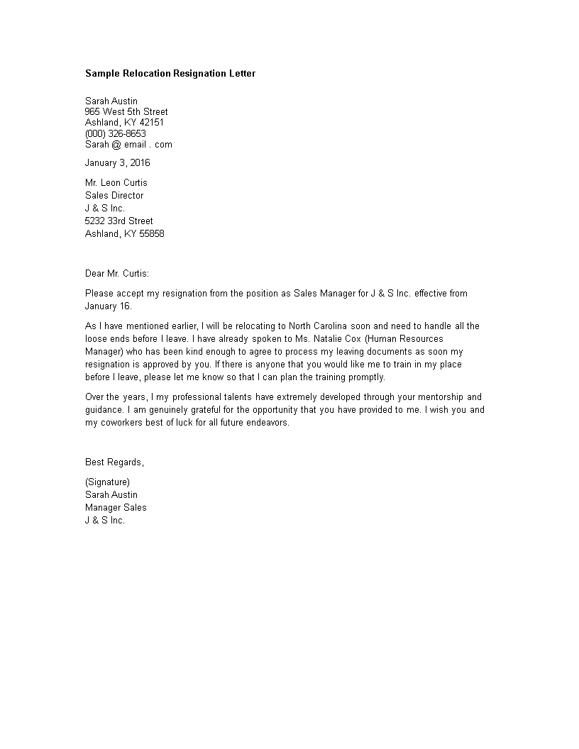 Sample Relocation Resignation Letter main image