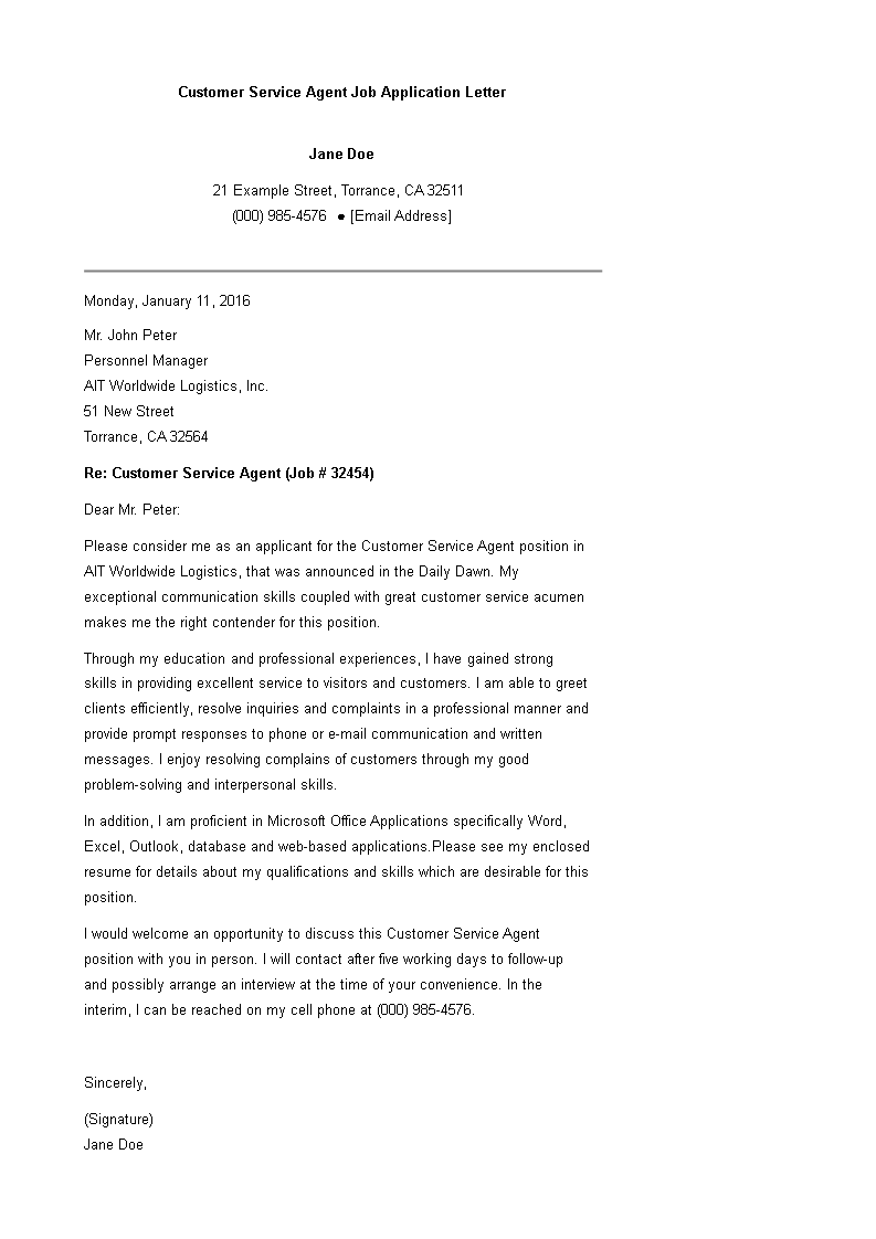 customer service agent job application letter voorbeeld afbeelding 