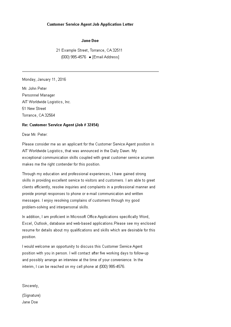 Customer Service Agent Job Application Letter main image