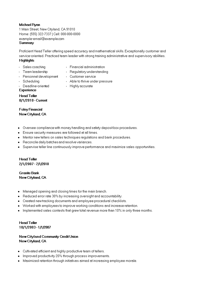 banking head teller resume modèles