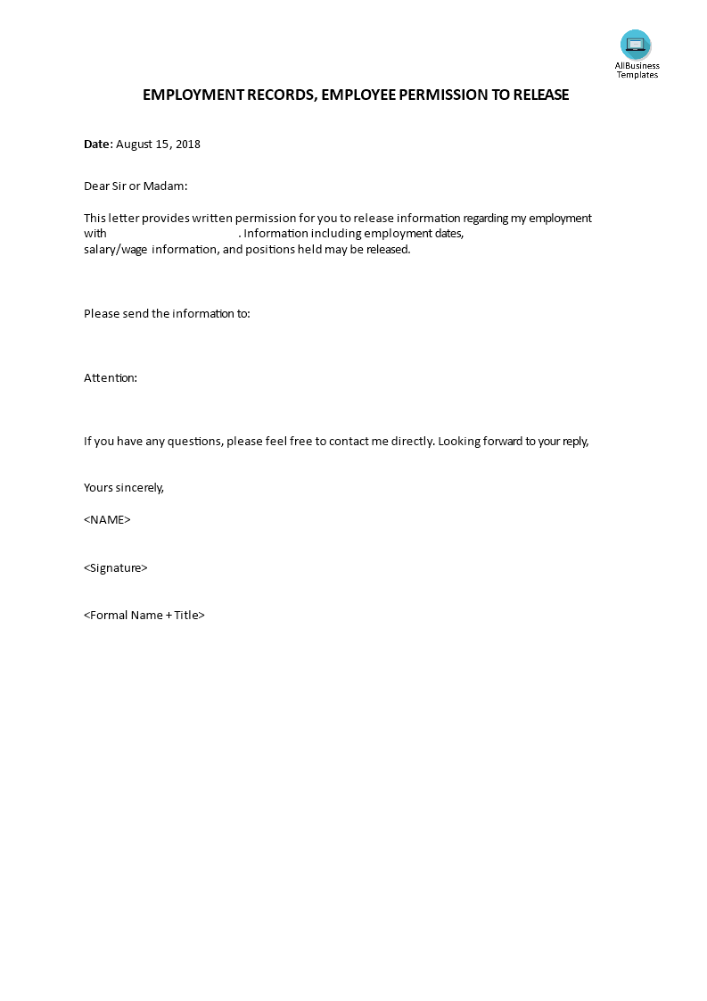 Employee Permission to Release 模板