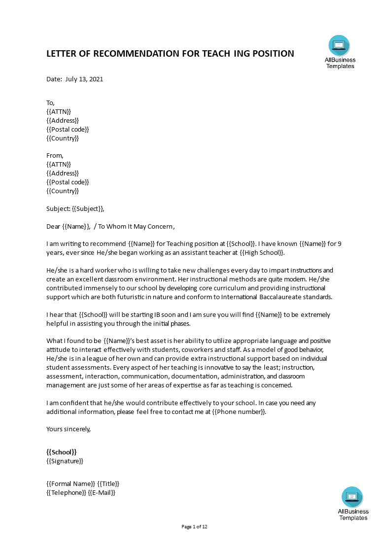 generic letter of recommendation for teacher Hauptschablonenbild