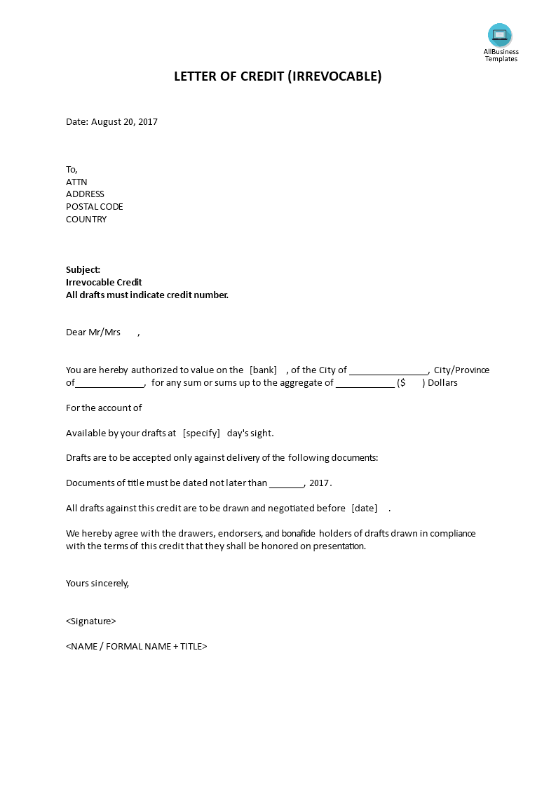 letter of credit (irrevocable) template