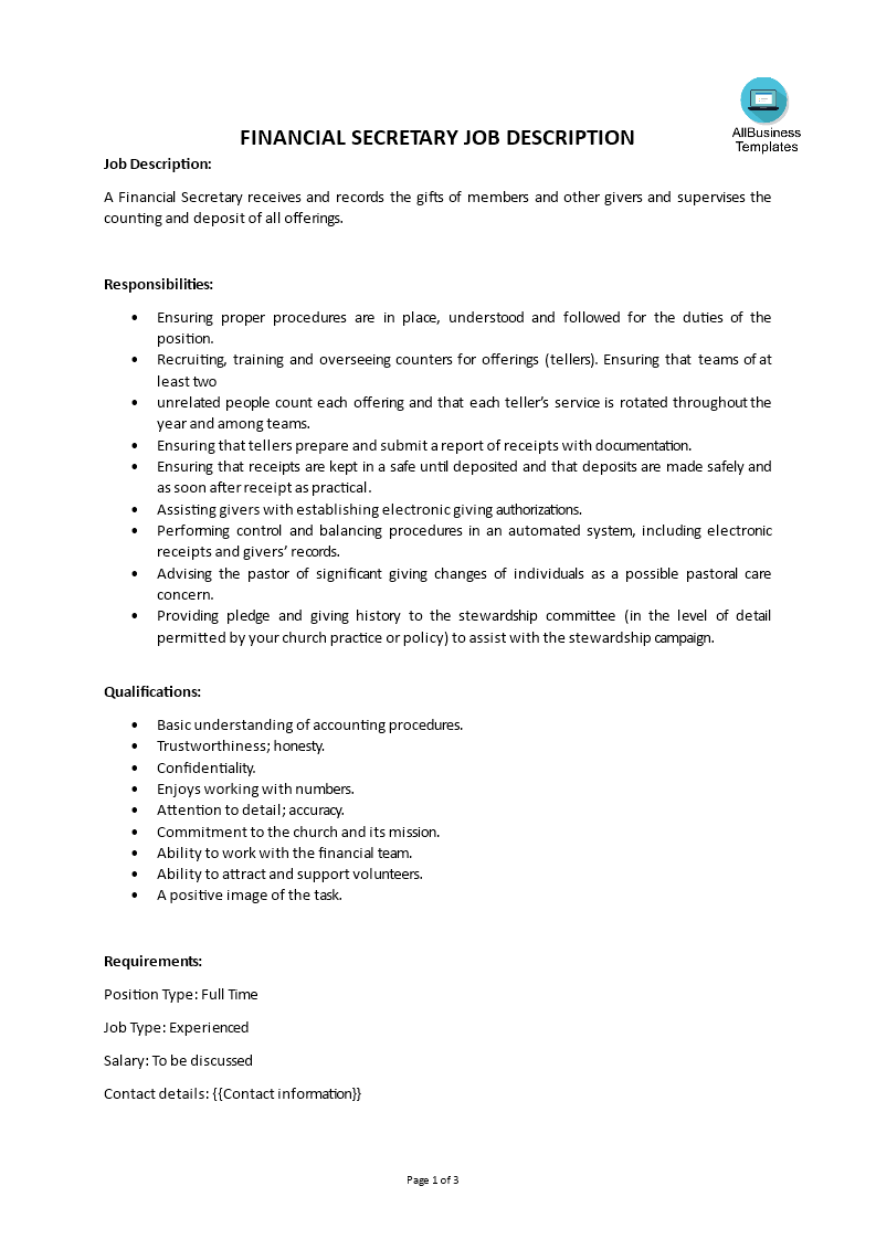 financial secretary job description template