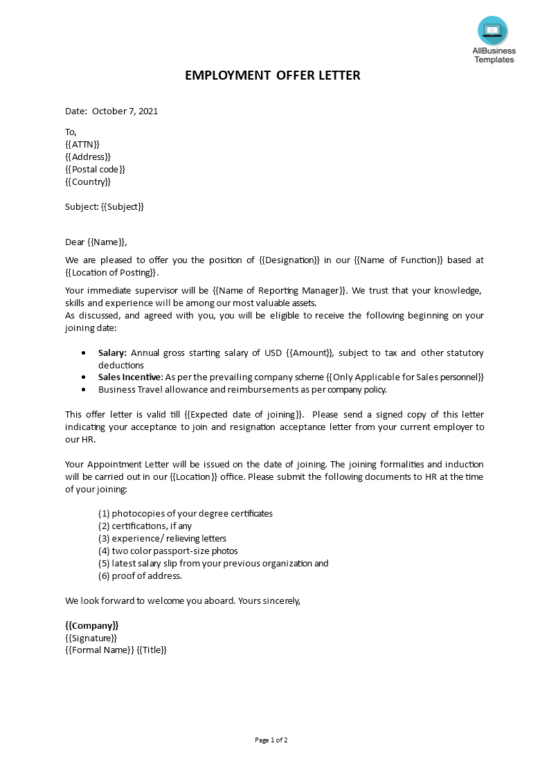 employment offer letter sample Hauptschablonenbild
